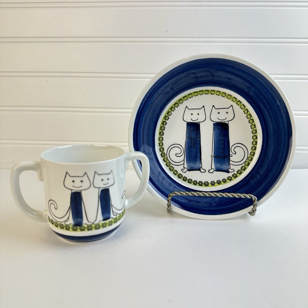 Rorstrand Sweden Laban Blue Cats Child's Bowl Plate Mug Cup Set Whimsical MCM